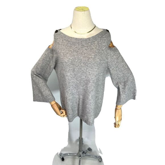Ann Taylor Women’s Gray Wool Blend Cold Button Shoulder Sweater Size Large Bell - Picture 11 of 12
